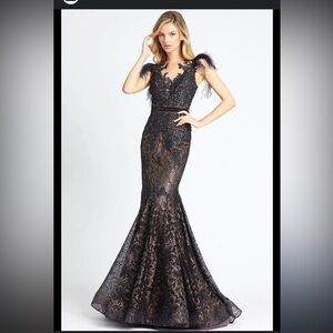 Mac Duggal Black Lace Feathered Prom Dress